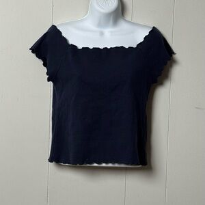 Aeropostale Women’s Navy Crop Top Square Neck Cap Sleeves Scalloped Trim Size XL